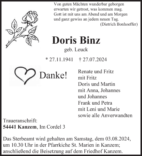 Traueranzeige von Doris Binz von trierischer_volksfreund