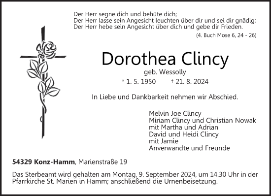 Traueranzeige von Dorothea Clincy von trierischer_volksfreund