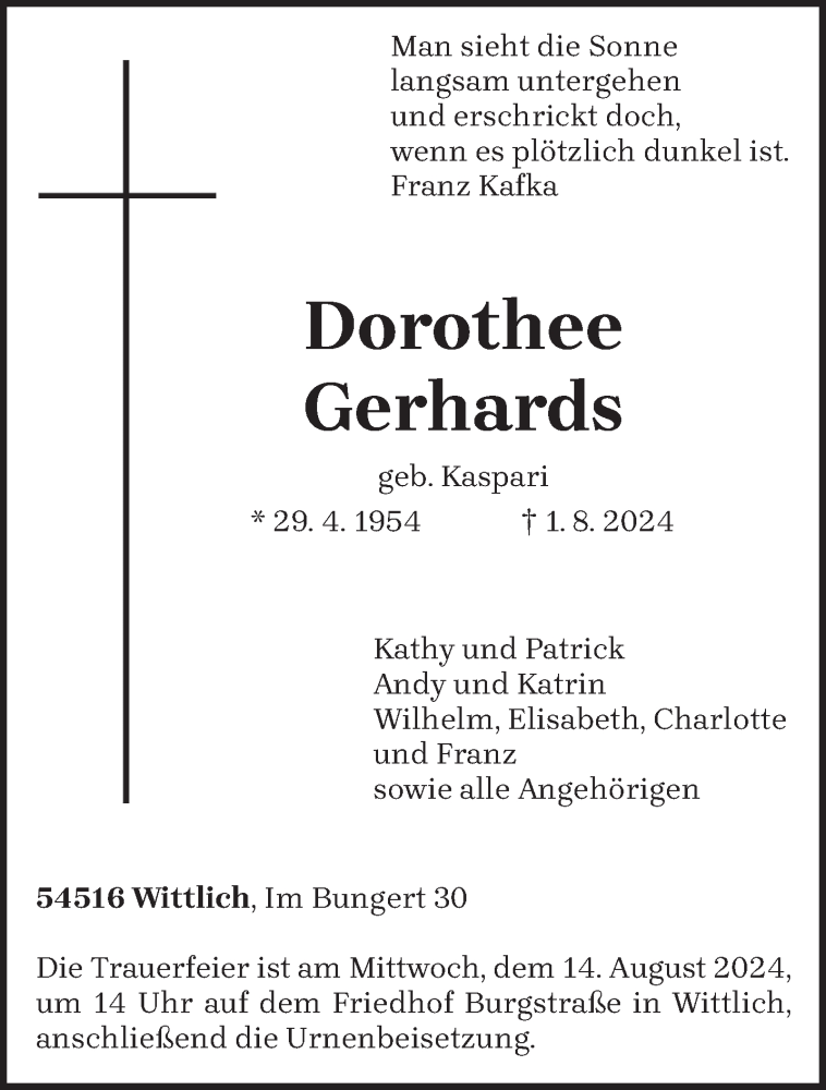  Traueranzeige für Dorothee Gerhards vom 10.08.2024 aus trierischer_volksfreund