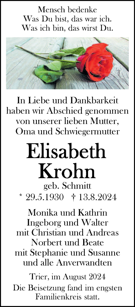Traueranzeige von Elisabeth Krohn von trierischer_volksfreund