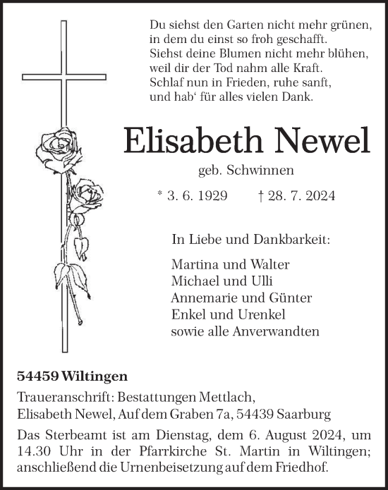 Traueranzeige von Elisabeth Newel von trierischer_volksfreund