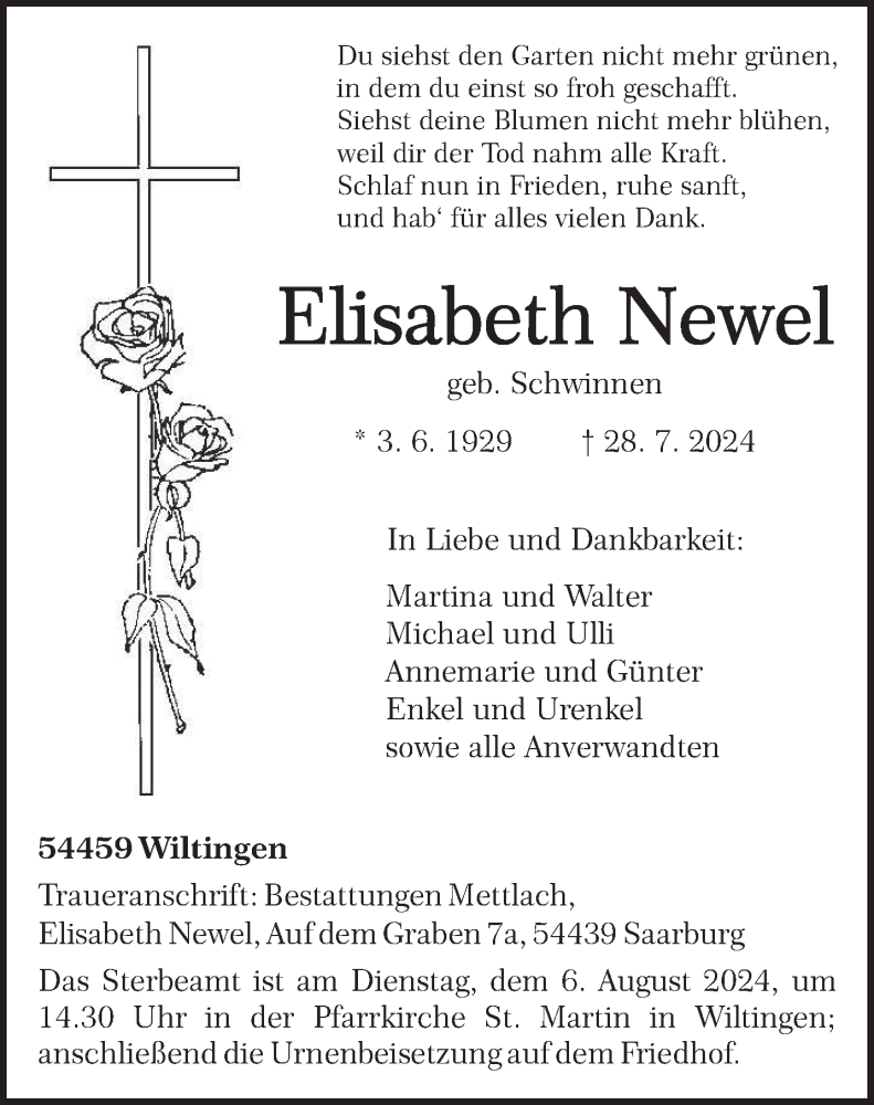  Traueranzeige für Elisabeth Newel vom 03.08.2024 aus trierischer_volksfreund