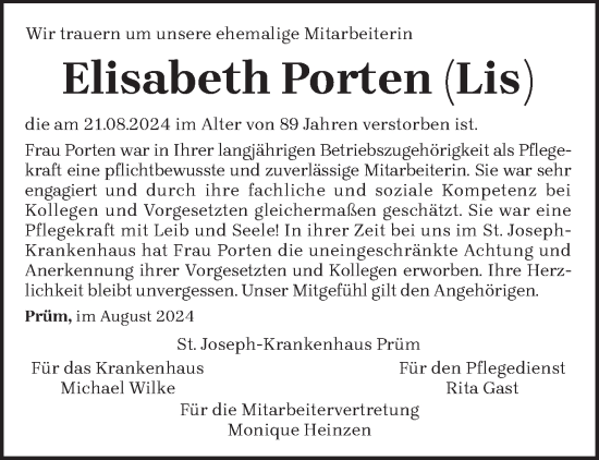 Traueranzeige von Elisabeth Porten von trierischer_volksfreund