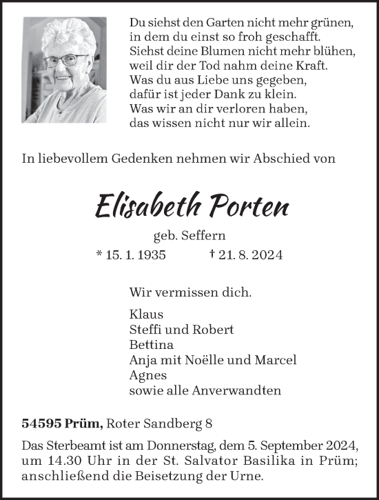 Traueranzeige von Elisabeth Porten von trierischer_volksfreund