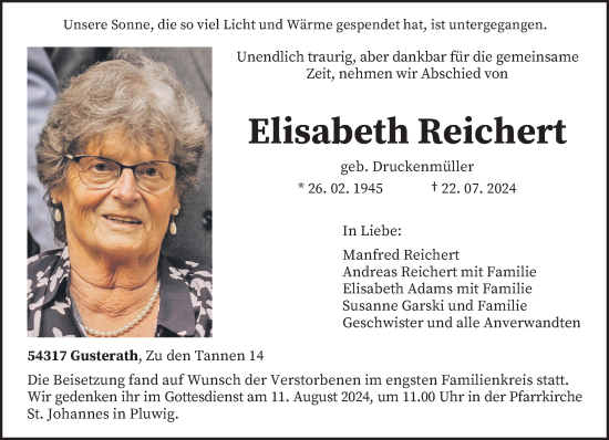 Traueranzeige von Elisabeth Reichert von trierischer_volksfreund