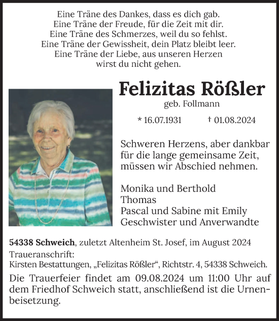 Traueranzeige von Felizitas Rößler von trierischer_volksfreund