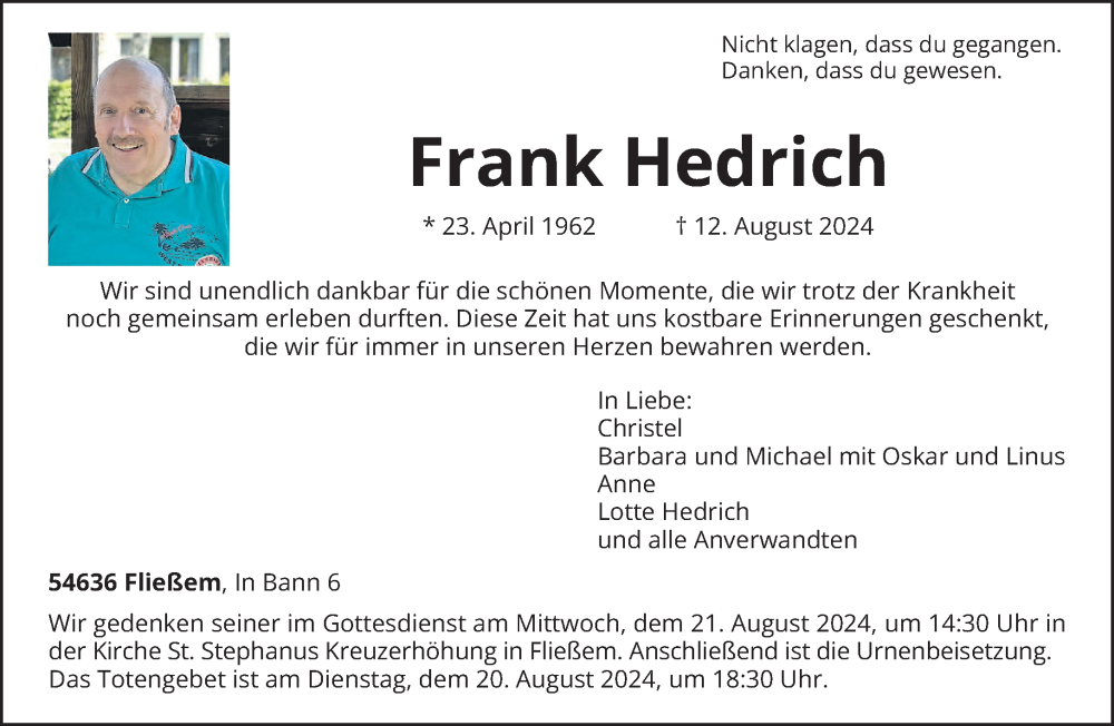  Traueranzeige für Frank Hedrich vom 17.08.2024 aus trierischer_volksfreund