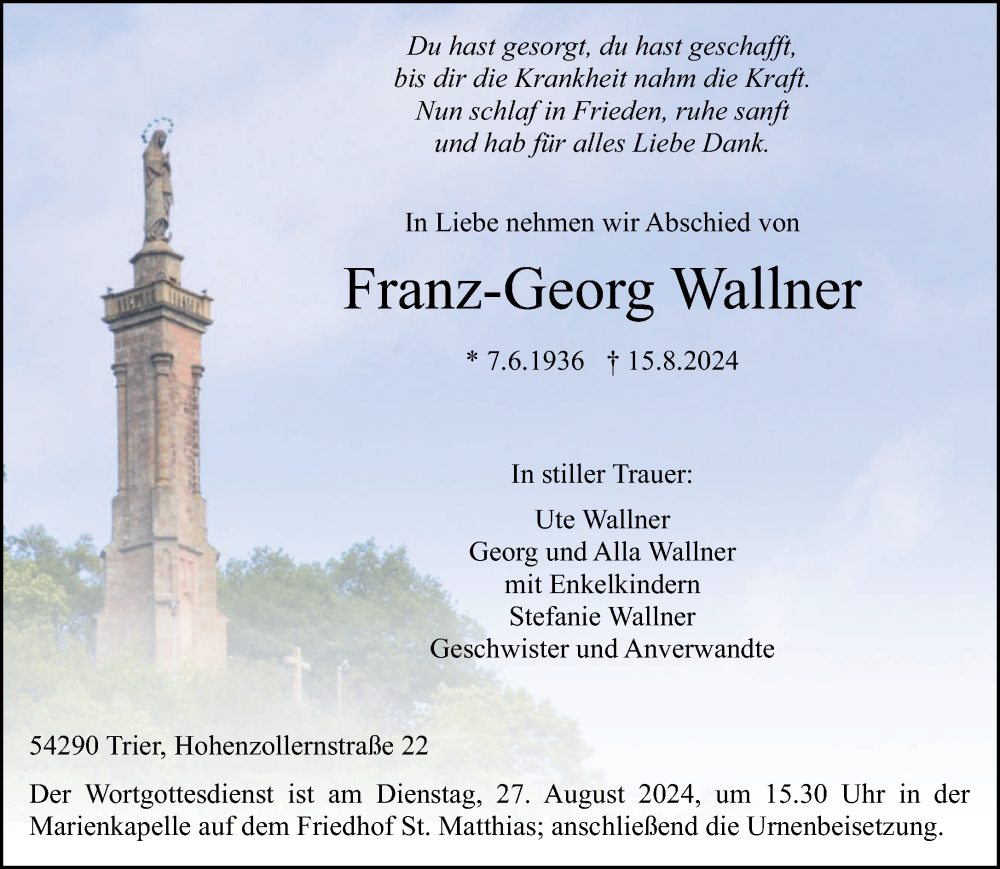  Traueranzeige für Franz-Georg Wallner vom 24.08.2024 aus trierischer_volksfreund