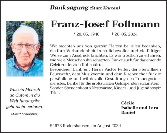 Traueranzeige von Franz-Josef Follmann von trierischer_volksfreund
