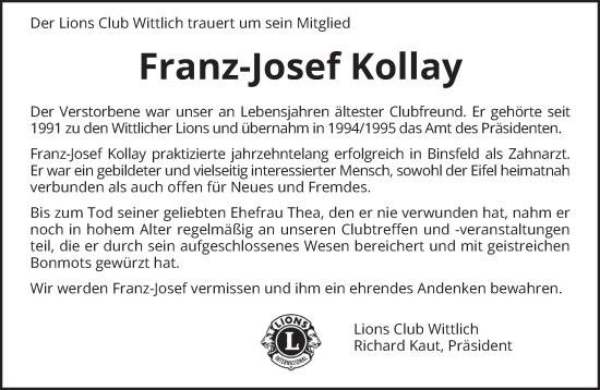 Traueranzeige von Franz-Josef Kollay von trierischer_volksfreund