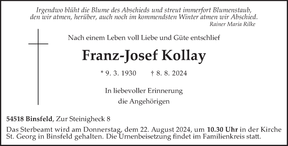  Traueranzeige für Franz-Josef Kollay vom 17.08.2024 aus trierischer_volksfreund