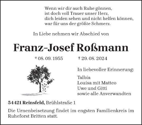 Traueranzeige von Franz-Josef Roßmann von trierischer_volksfreund