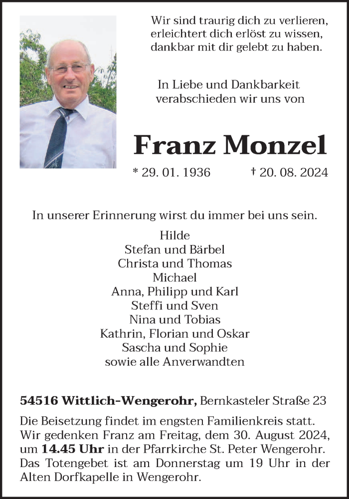  Traueranzeige für Franz Monzel vom 24.08.2024 aus trierischer_volksfreund