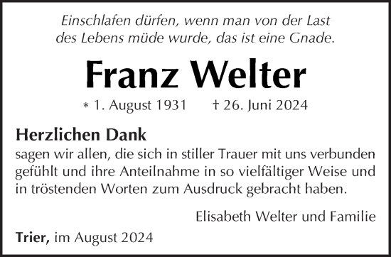 Traueranzeige von Franz Welter von trierischer_volksfreund