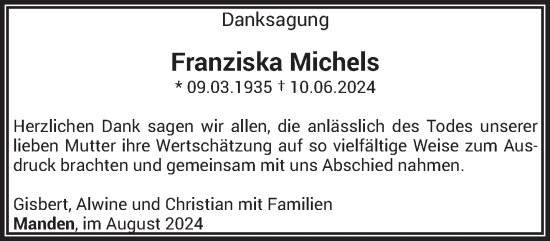 Traueranzeige von Franziska Michels von trierischer_volksfreund