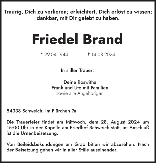 Traueranzeige von Friedel Brand von trierischer_volksfreund