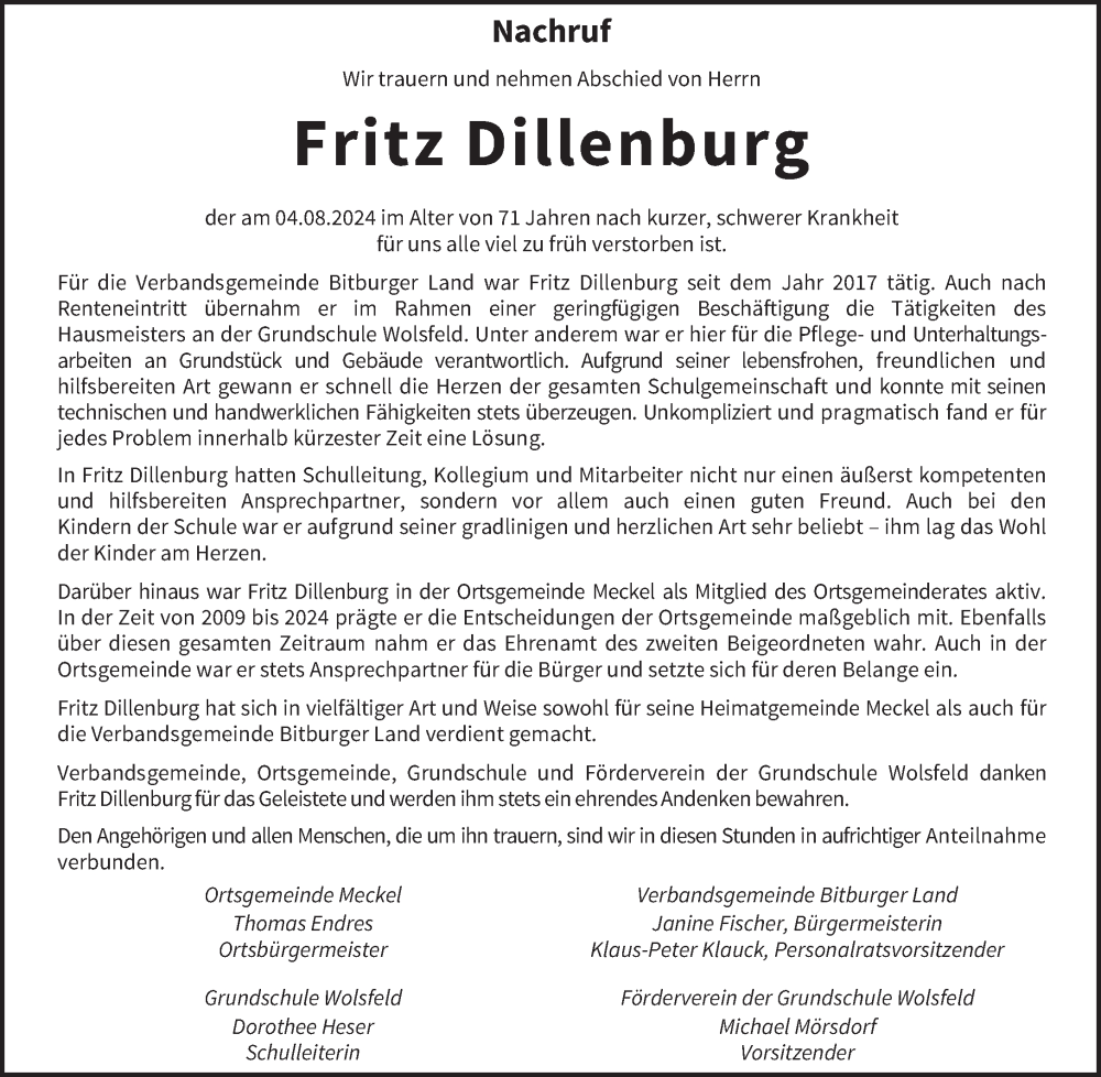  Traueranzeige für Fritz Dillenburg vom 10.08.2024 aus trierischer_volksfreund