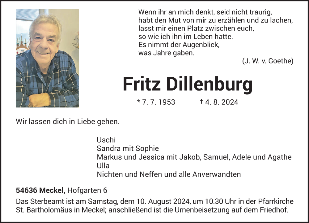  Traueranzeige für Fritz Dillenburg vom 07.08.2024 aus trierischer_volksfreund