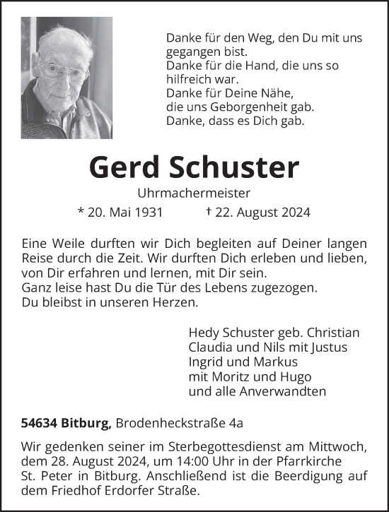 Traueranzeige von Gerd Schuster von trierischer_volksfreund