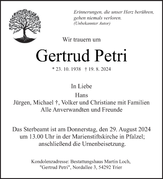 Traueranzeige von Gertrud Petri von trierischer_volksfreund