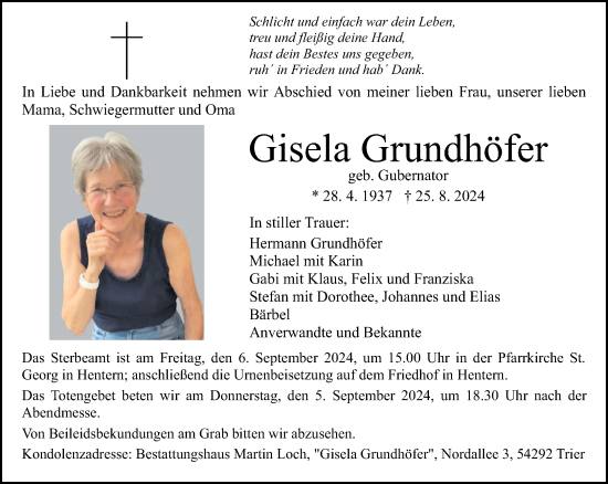 Traueranzeige von Gisela Grundhöfer von trierischer_volksfreund