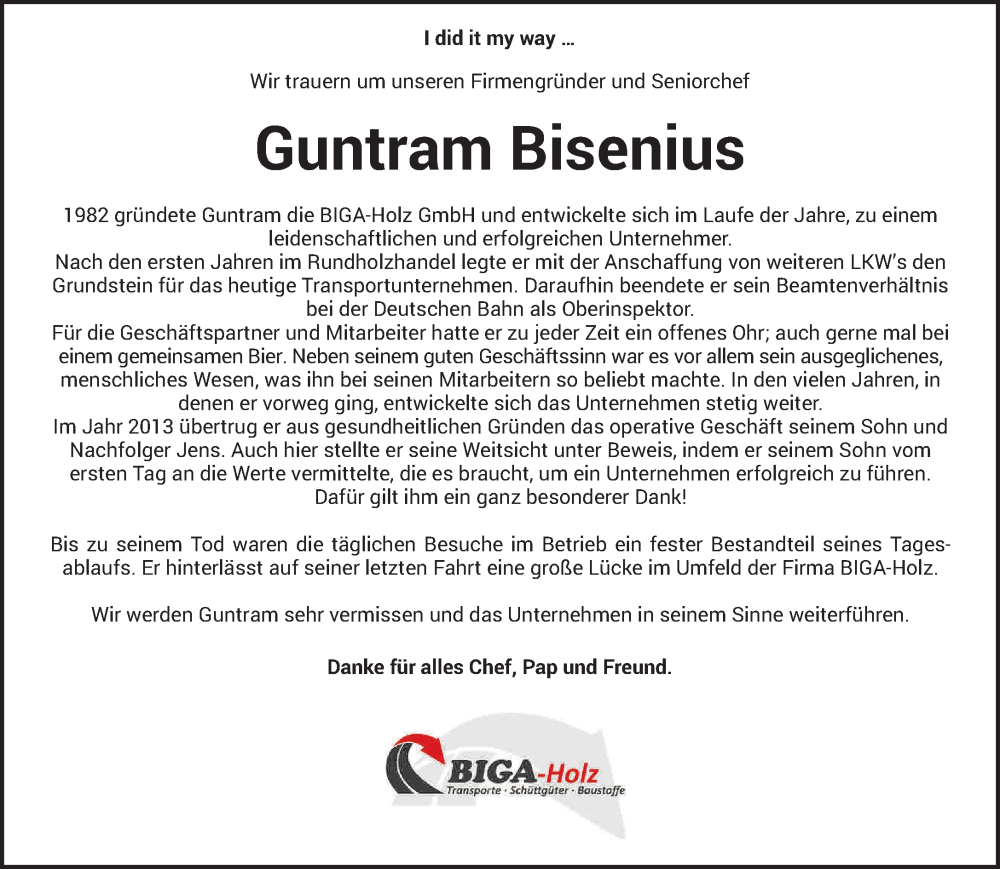  Traueranzeige für Guntram Bisenius vom 28.08.2024 aus trierischer_volksfreund