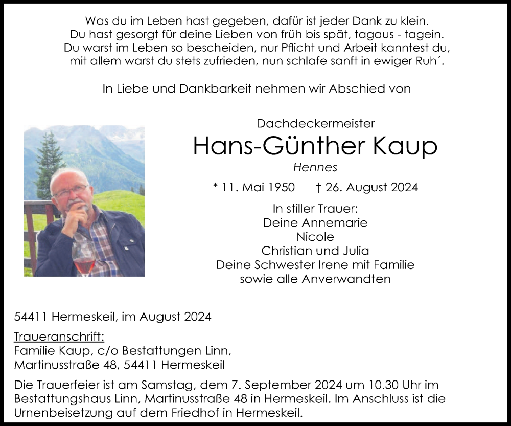  Traueranzeige für Hans-Günther Kaup vom 31.08.2024 aus trierischer_volksfreund