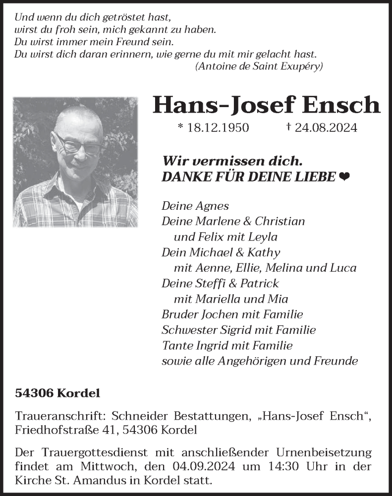  Traueranzeige für Hans-Josef Ensch vom 31.08.2024 aus trierischer_volksfreund