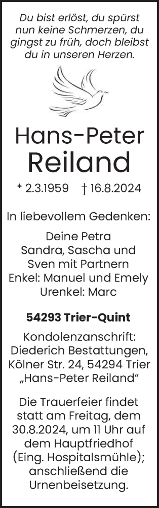  Traueranzeige für Hans-Peter Reiland vom 24.08.2024 aus trierischer_volksfreund