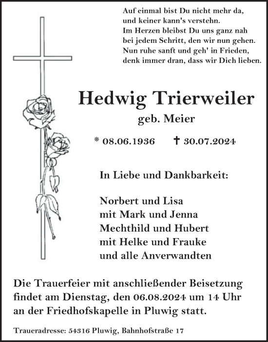 Traueranzeige von Hedwig Trierweiler von trierischer_volksfreund