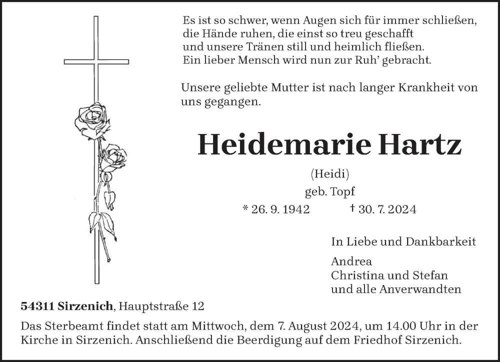  Traueranzeige für Heidemarie Hartz vom 03.08.2024 aus trierischer_volksfreund