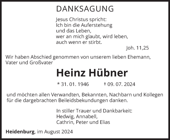 Traueranzeige von Heinz Hübner von trierischer_volksfreund