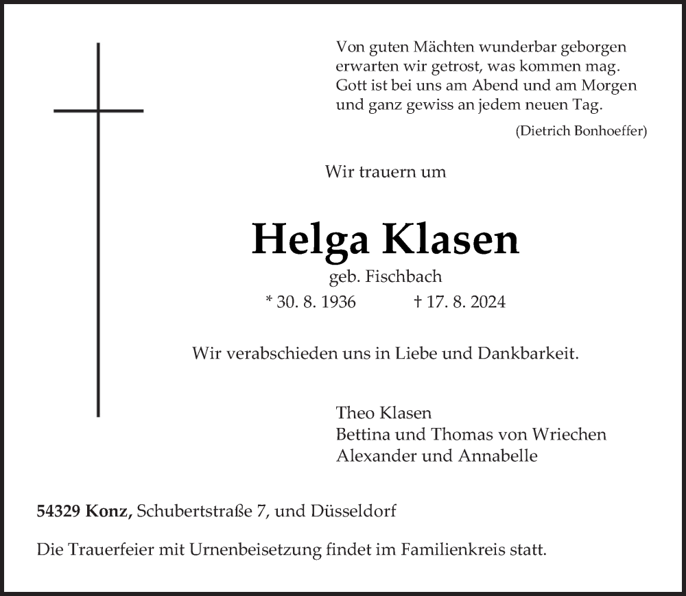  Traueranzeige für Helga Klasen vom 24.08.2024 aus trierischer_volksfreund