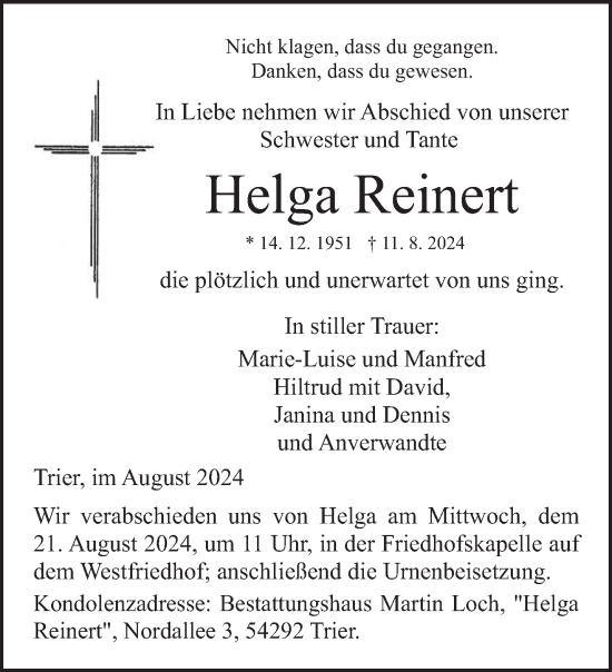 Traueranzeige von Helga Reinert von trierischer_volksfreund