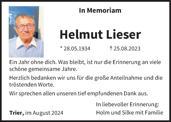 Traueranzeige von Helmut Lieser von trierischer_volksfreund