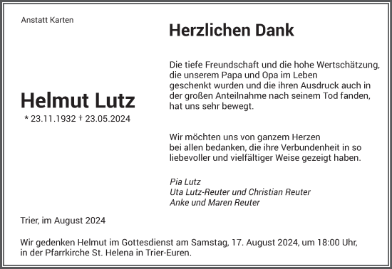 Traueranzeige von Helmut Lutz von trierischer_volksfreund