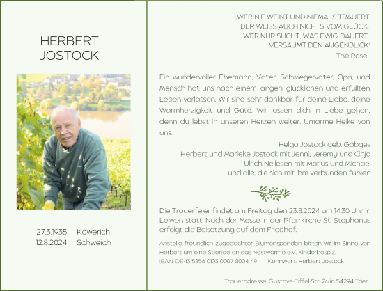 Traueranzeige von Herbert Jostock von trierischer_volksfreund