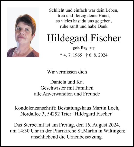 Traueranzeige von Hildegard Fischer von trierischer_volksfreund