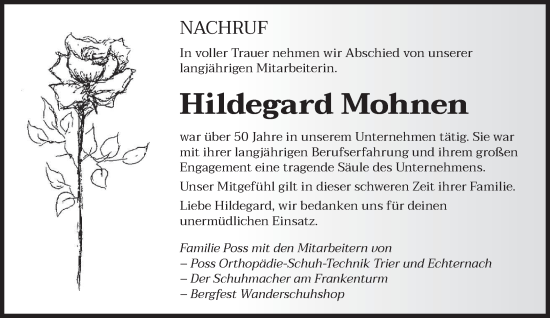 Traueranzeige von Hildegard Mohnen von trierischer_volksfreund