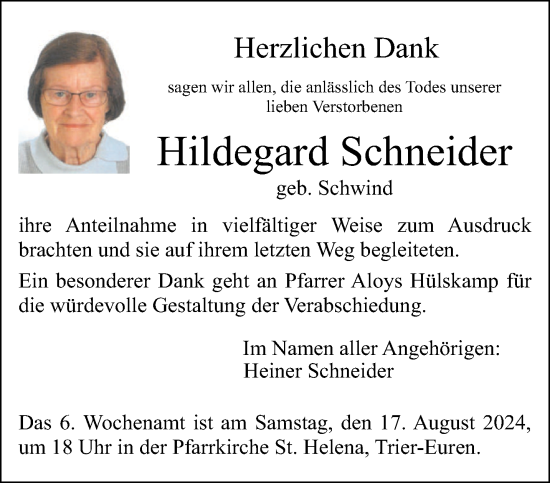 Traueranzeige von Hildegard Schneider von trierischer_volksfreund