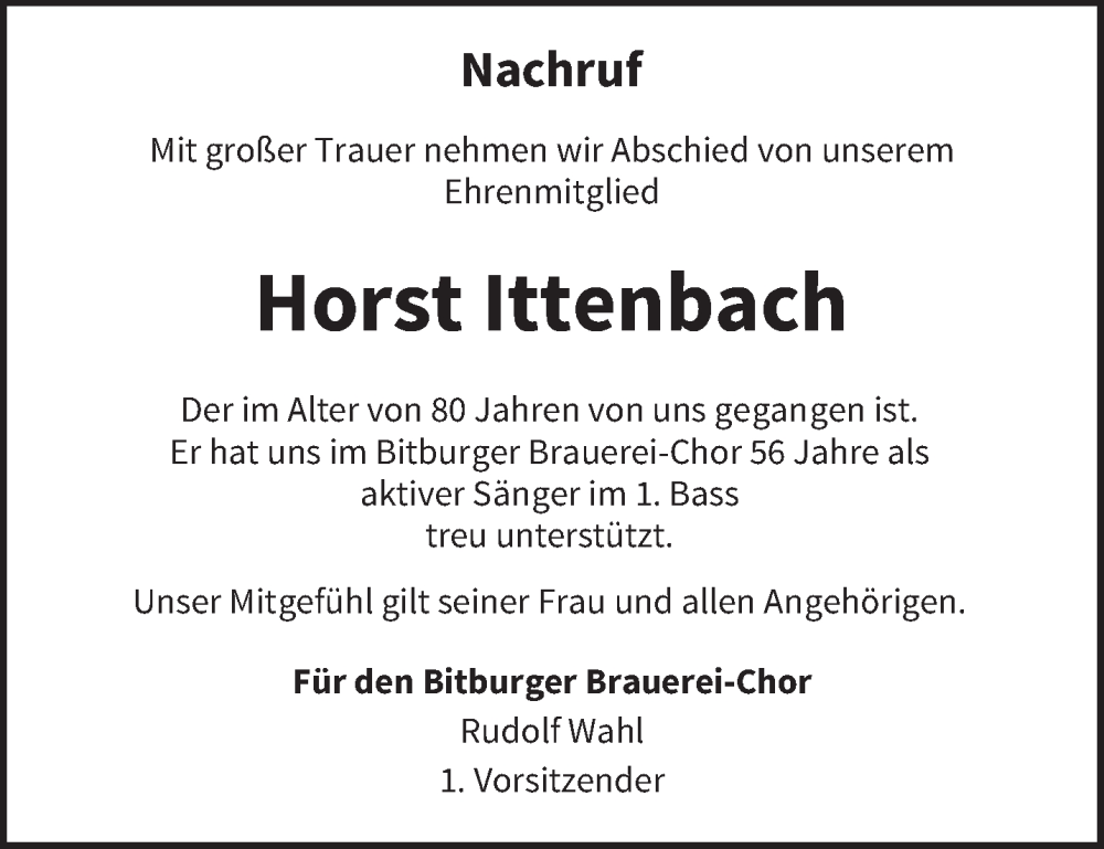  Traueranzeige für Horst Ittenbach vom 31.08.2024 aus trierischer_volksfreund