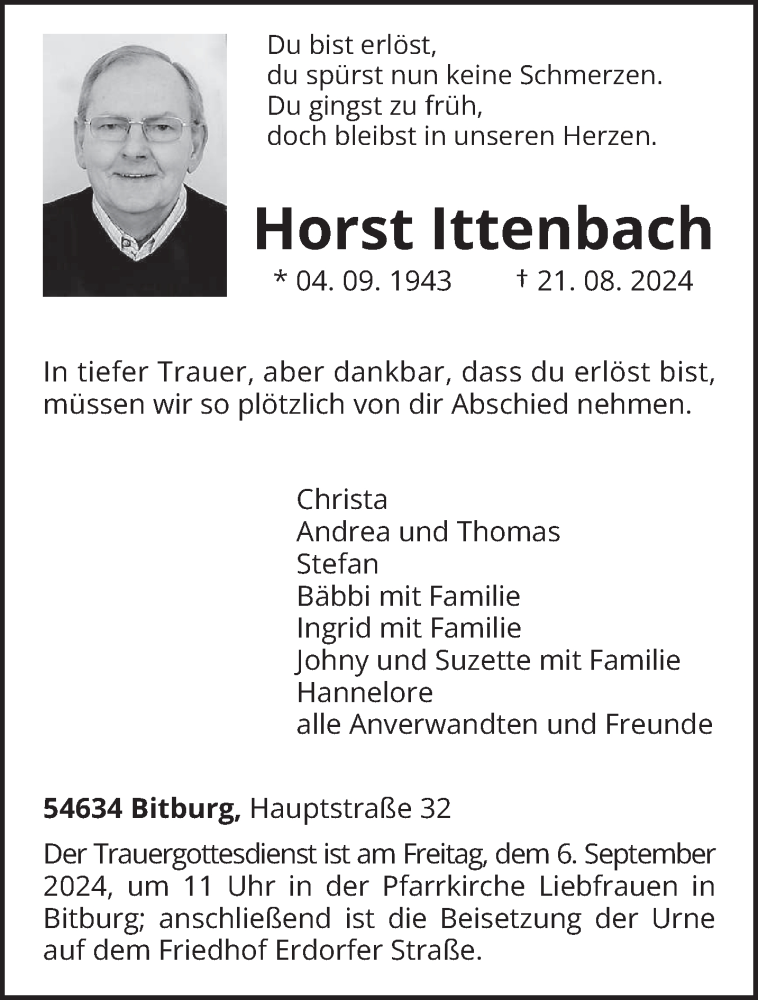  Traueranzeige für Horst Ittenbach vom 31.08.2024 aus trierischer_volksfreund