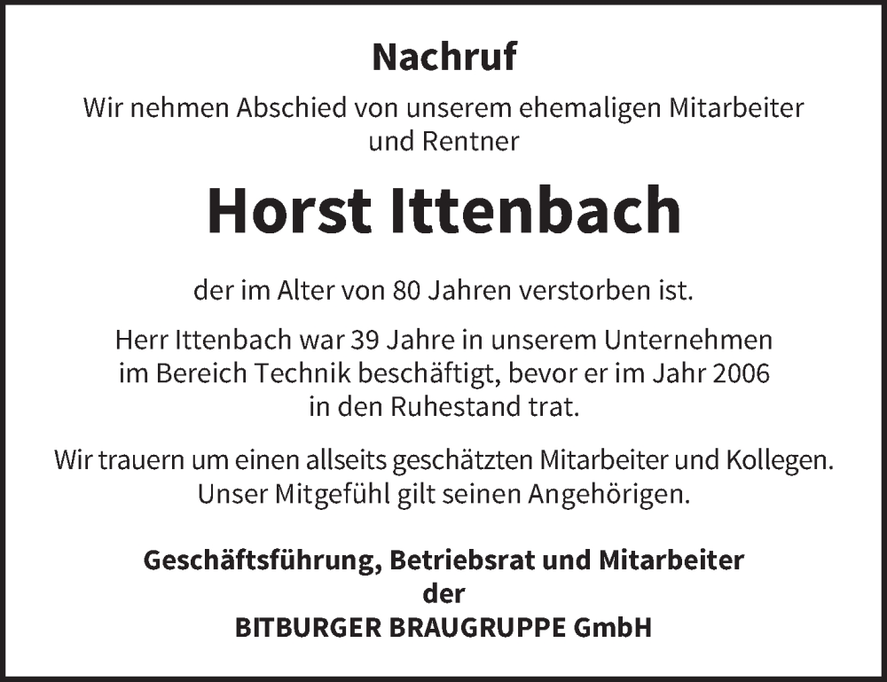  Traueranzeige für Horst Ittenbach vom 31.08.2024 aus trierischer_volksfreund