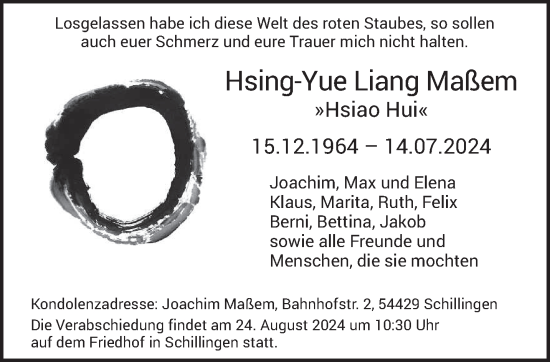 Traueranzeige von Hsing-Yue Liang Maßem von trierischer_volksfreund