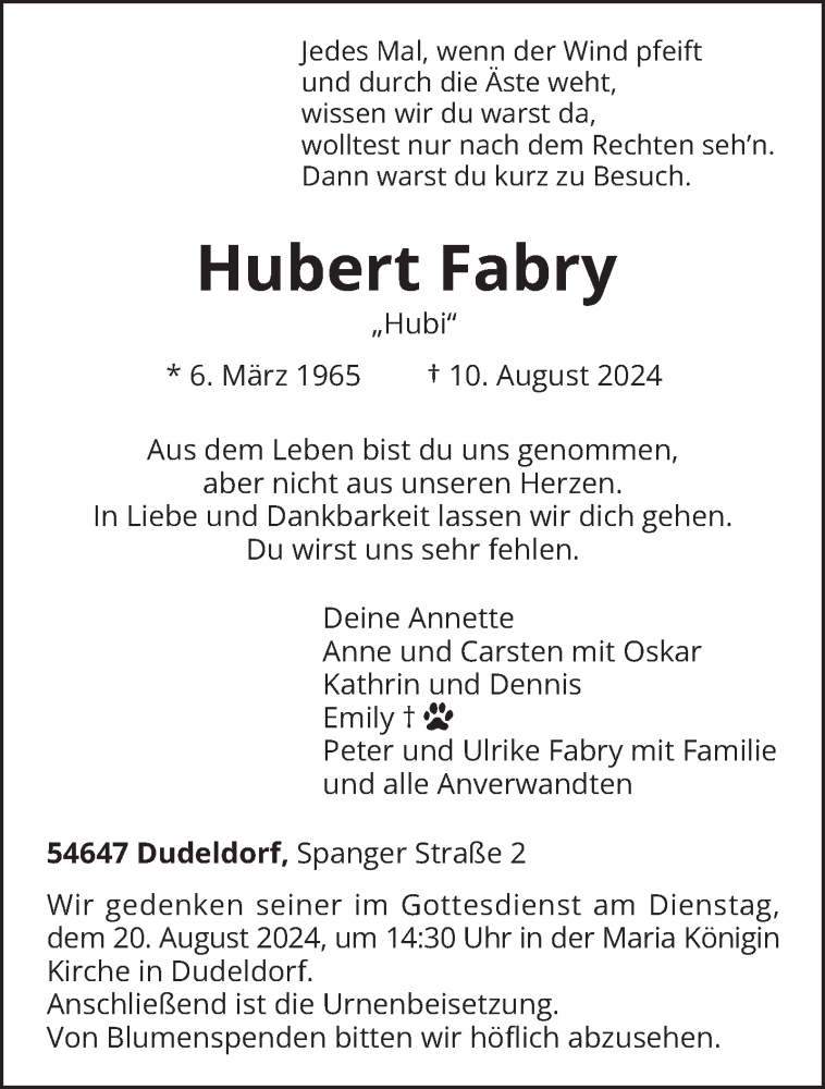  Traueranzeige für Hubert Fabry vom 17.08.2024 aus trierischer_volksfreund