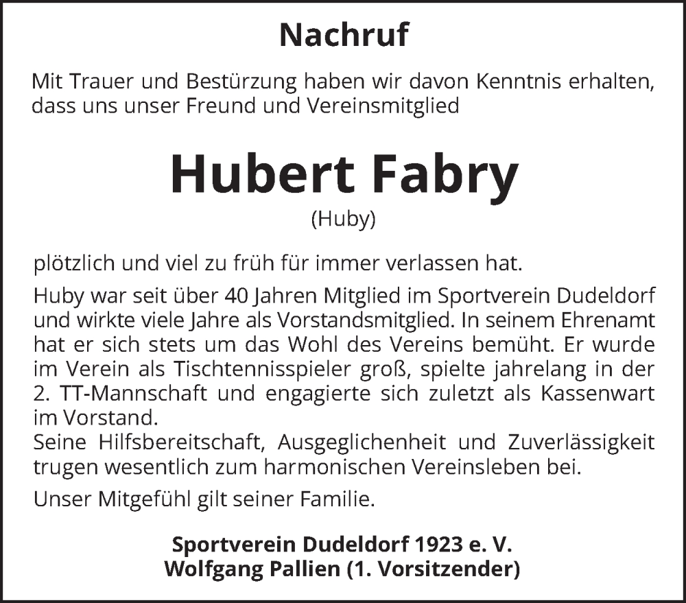  Traueranzeige für Hubert Fabry vom 17.08.2024 aus trierischer_volksfreund