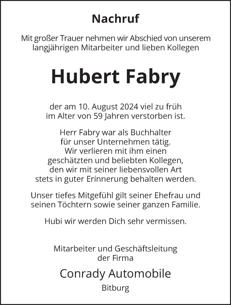  Traueranzeige für Hubert Fabry vom 17.08.2024 aus trierischer_volksfreund