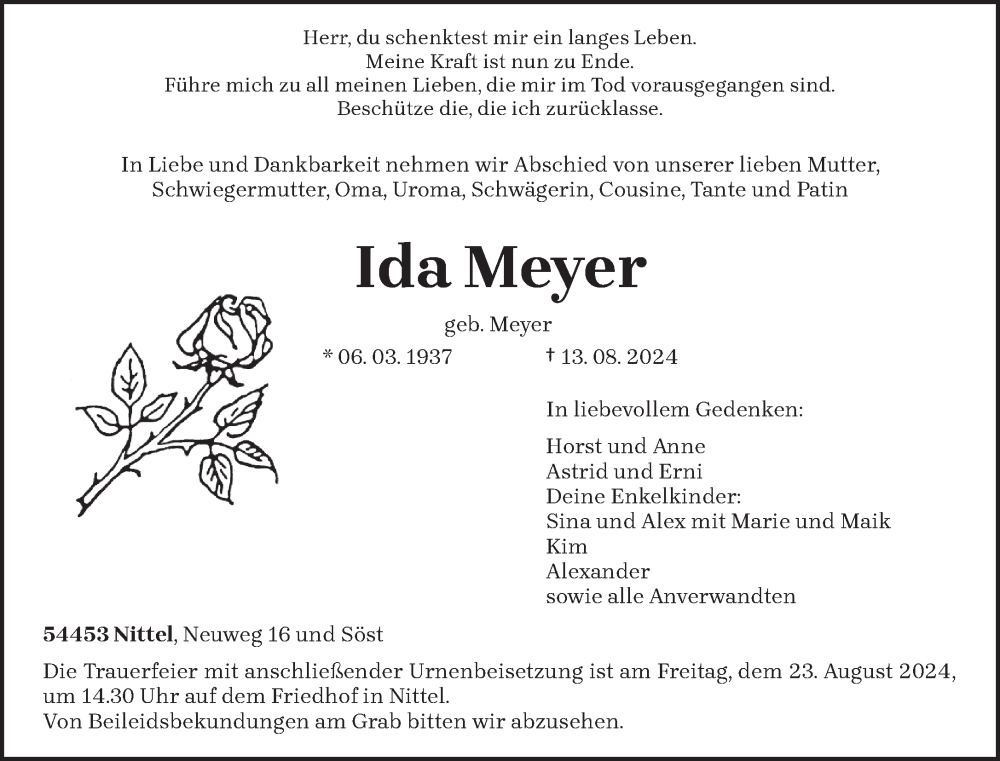  Traueranzeige für Ida Meyer vom 17.08.2024 aus trierischer_volksfreund