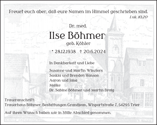 Traueranzeige von Ilse Böhmer von trierischer_volksfreund