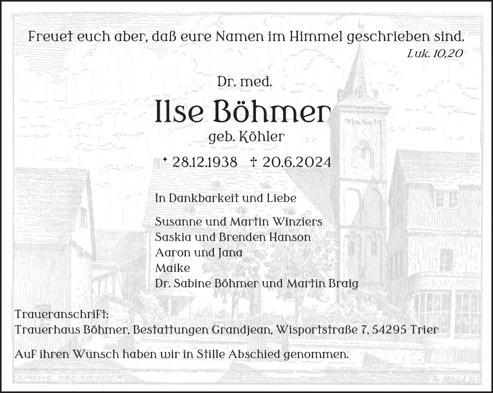  Traueranzeige für Ilse Böhmer vom 24.08.2024 aus trierischer_volksfreund